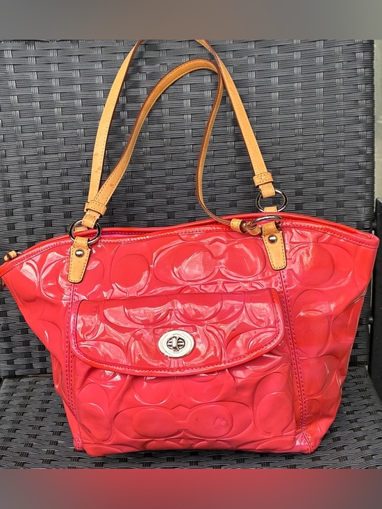 Coach Handbags - Coach Glossy Red Patent Tote with Tan Leather Straps